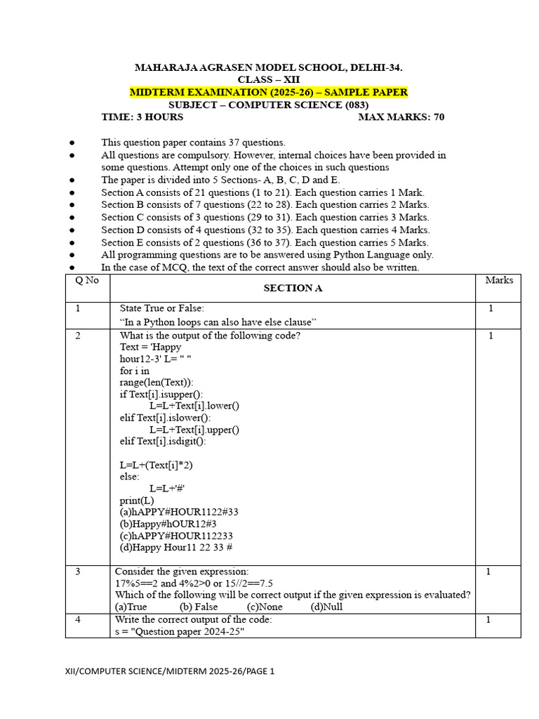 Computer Science XII Midterm Sample Paper | PDF | Markup Language ...