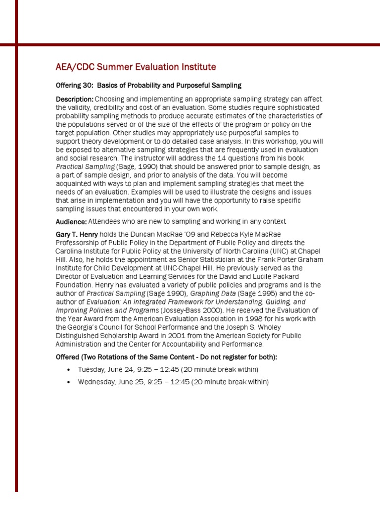 AEA/CDC Summer Evaluation Institute Practical Sampling (Sage, 1990