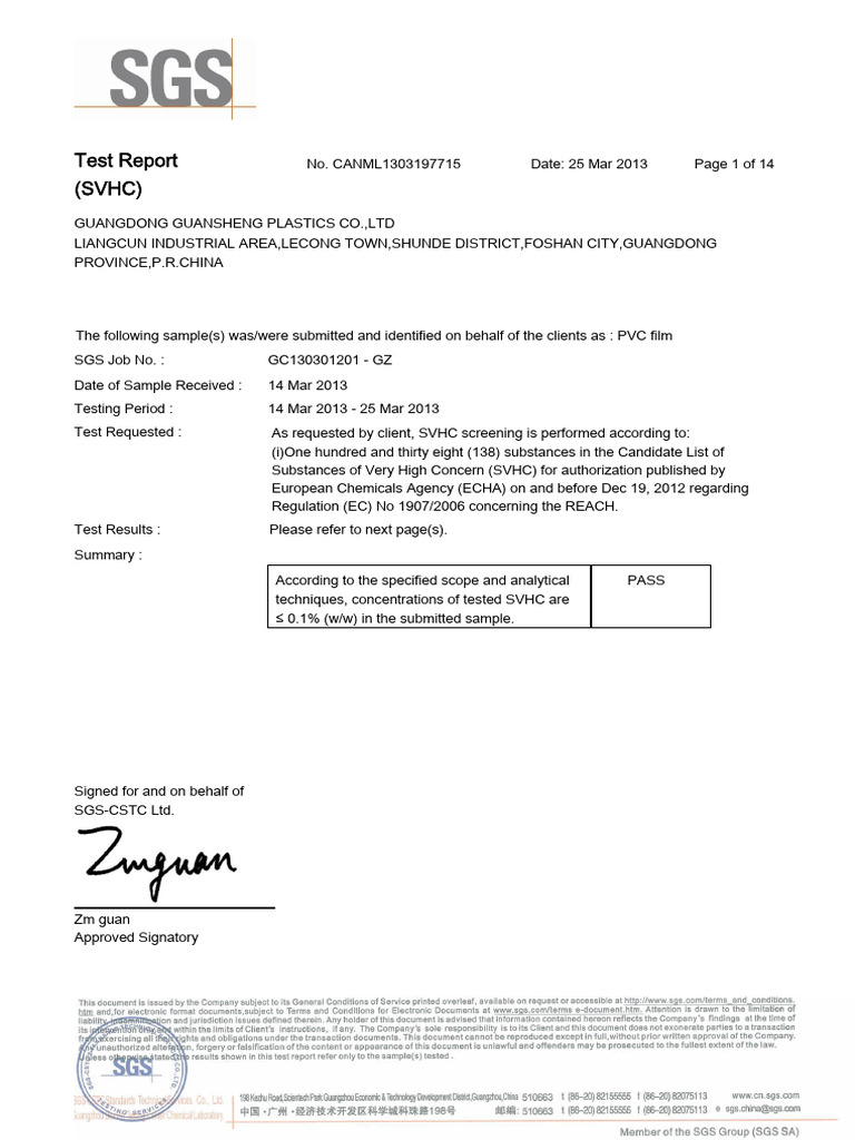 SVHC Test Report for PVC Film | PDF | Mixture | Chemical Substances