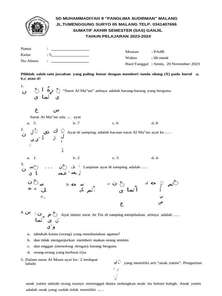 Ujian PAdB Kelas 5 SD Muhammadiyah | PDF