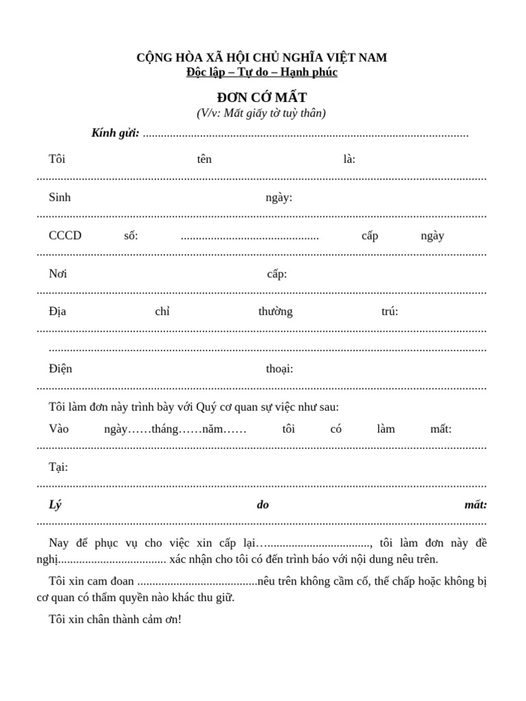 Đơn cớ mất CCCD | PDF