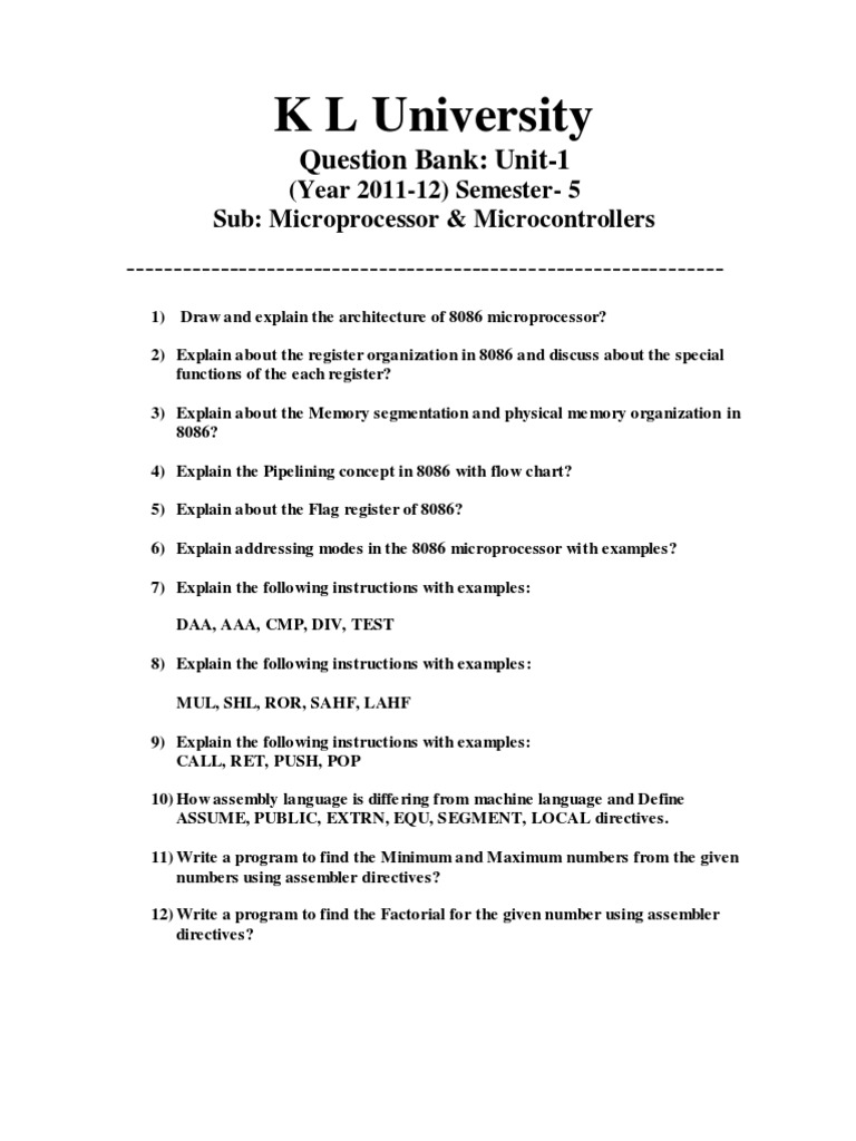 8086 Microprocessor Question Bank | PDF