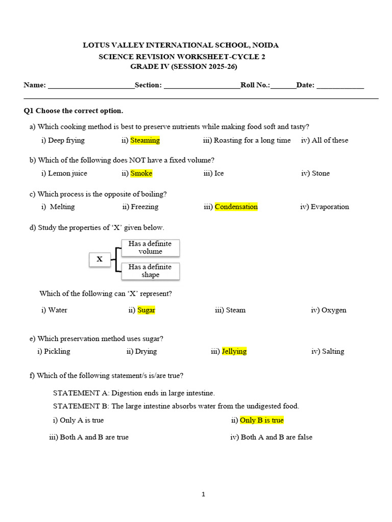 Grade IV Science Revision Worksheet | PDF | Digestion | Water