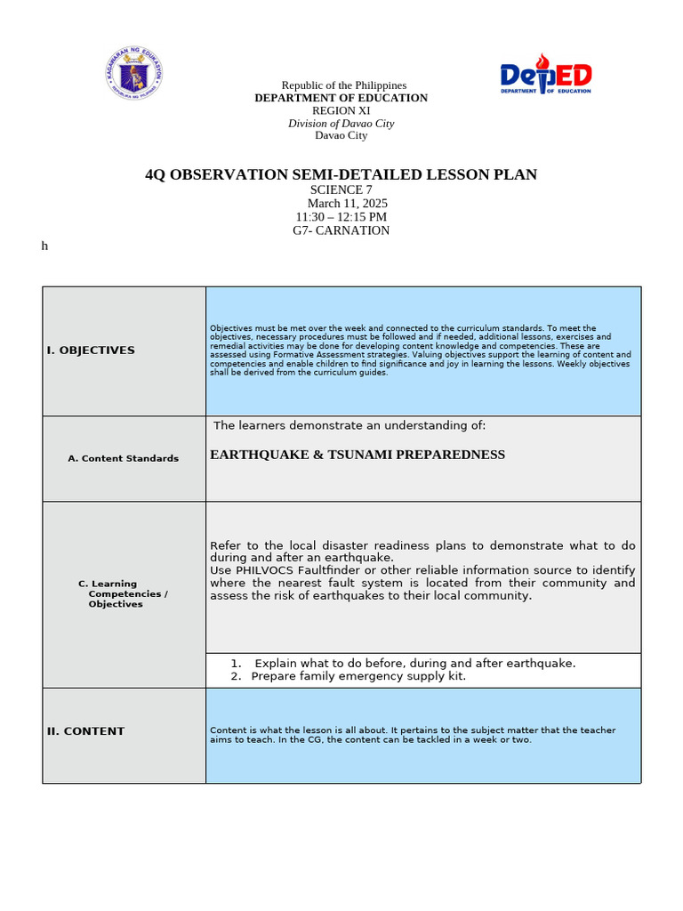 Earthquake Preparedness Lesson Plan | PDF | Learning | Earthquakes