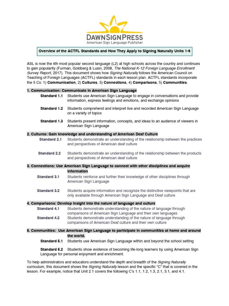 ACTFL Standards for Signing Naturally ASL | PDF | American Sign ...