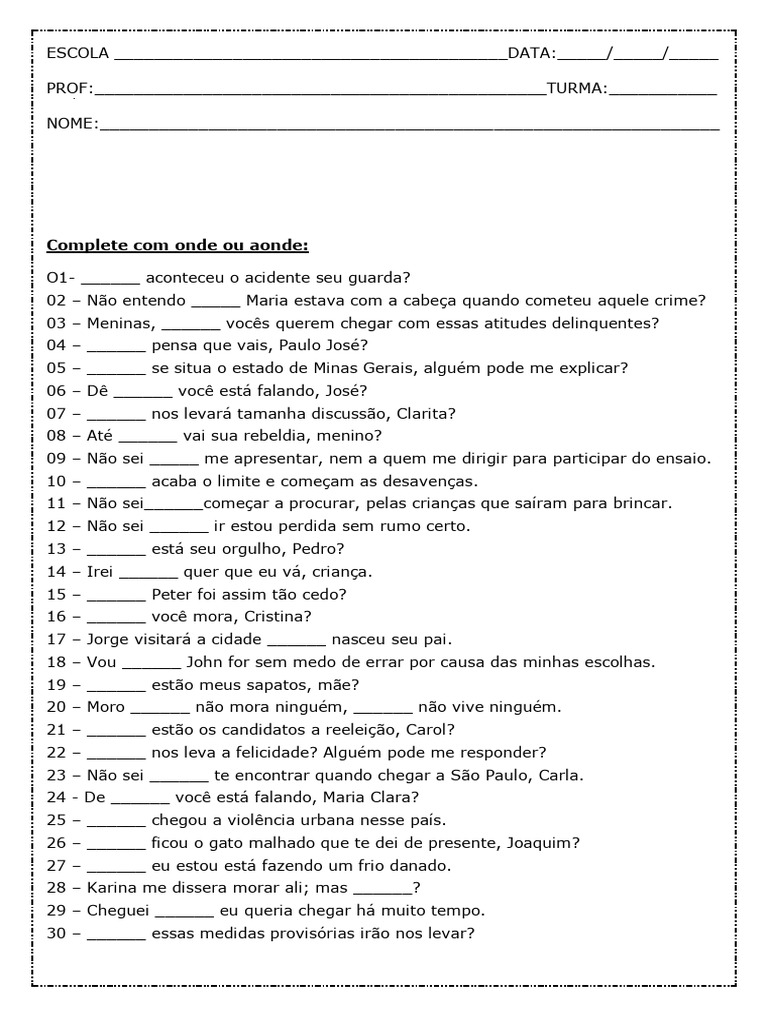 Exercícios: Onde ou Aonde? | PDF