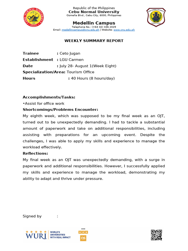 Weekly OJT Summary: Tourism Office | PDF