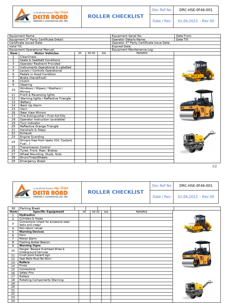 Roller Equipment Safety Checklist | PDF | Vehicles | Motor Vehicle