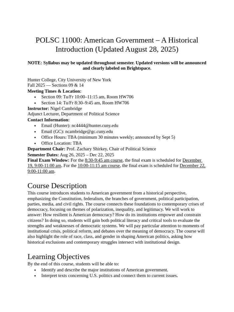 American Government Course Syllabus 2025 | PDF | Academic Dishonesty ...