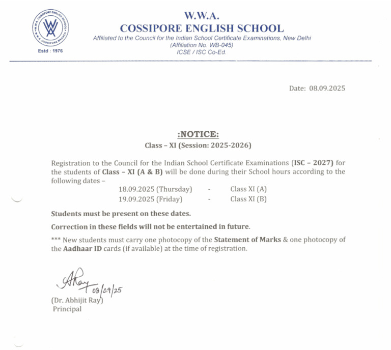 Class - XI Registration For ISC - 2027 | PDF