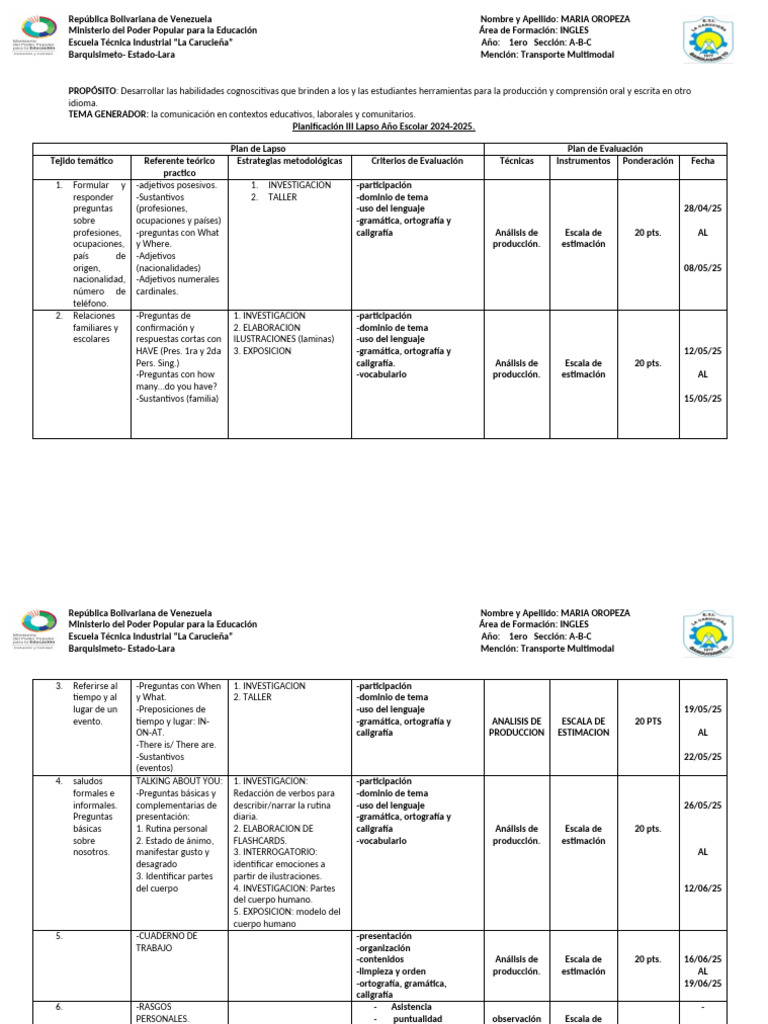 Plan de Evaluacion III Lapso 1er Año (A-B-C) | PDF | Aprendizaje
