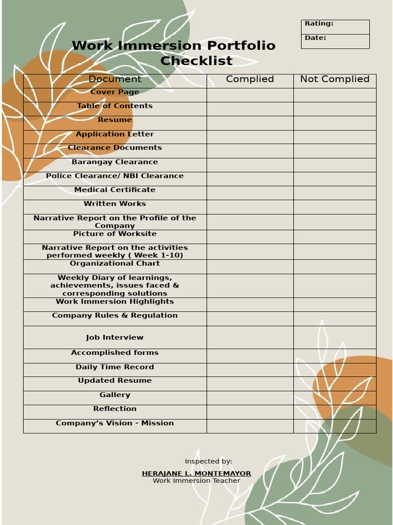 Checklist Work Immersion 1 | PDF