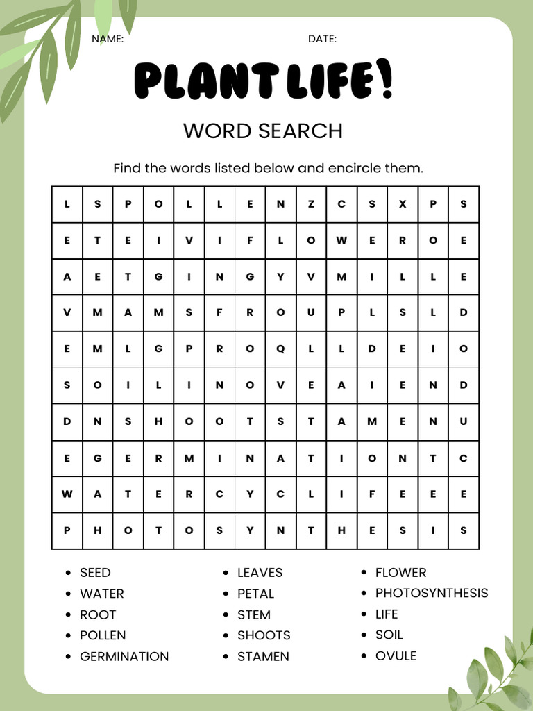 Science Plant Life Cycle Word Search Worksheet in White Green Nature ...