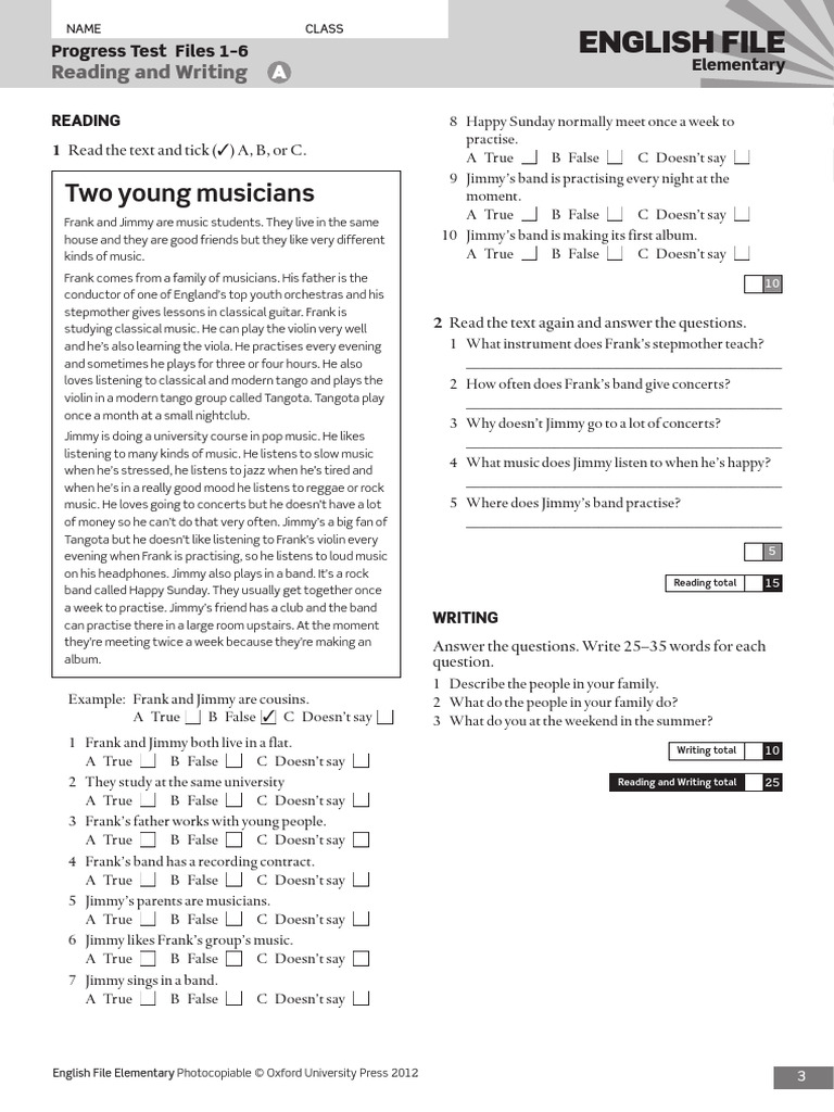 English File Elementary Progress Test | PDF | Orchestras | Entertainment