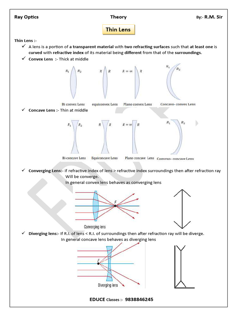 Ray Optics: Thin Lens Theory Explained | PDF | Light | Lenses