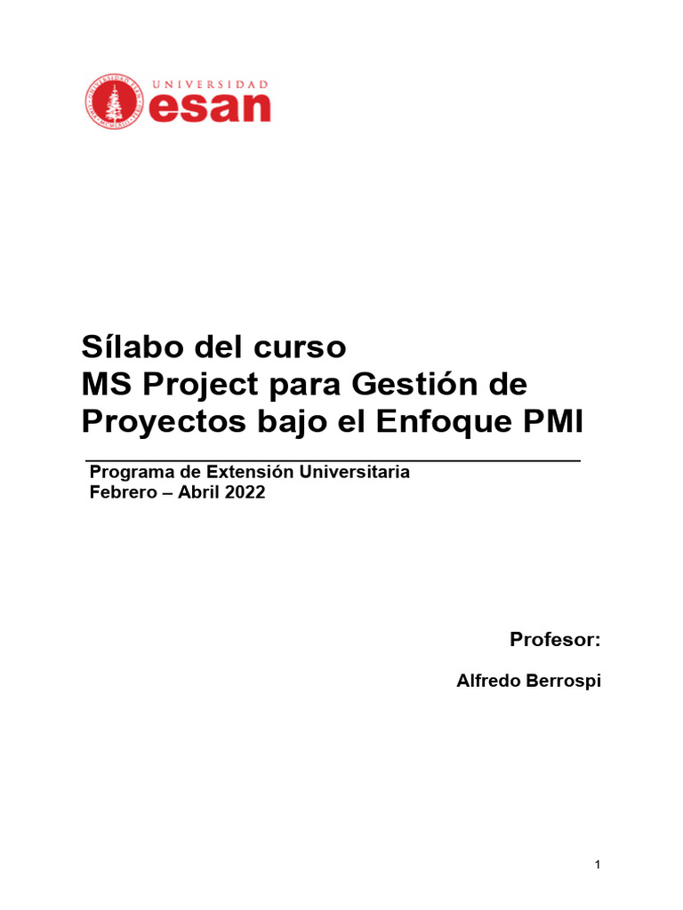 Silabo MS Project para Gestión de Proyectos Bajo El Enfoque PMI S-001 ...