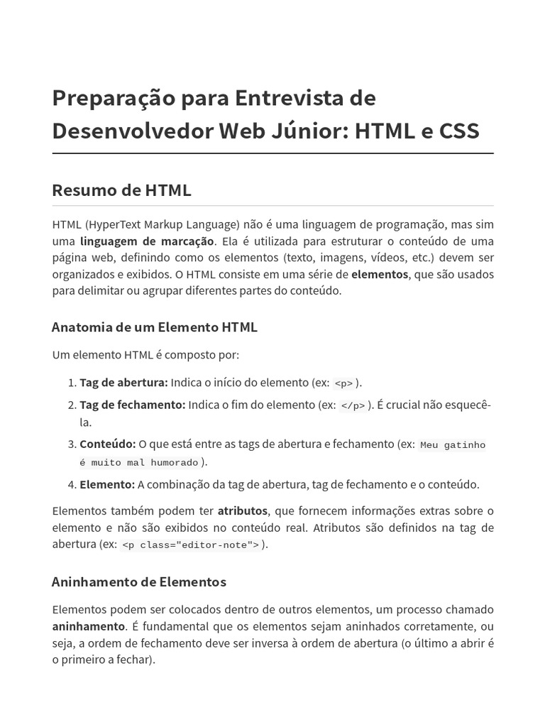 Entrevista para Desenvolvedor Web Júnior: HTML e CSS | PDF | Elemento ...