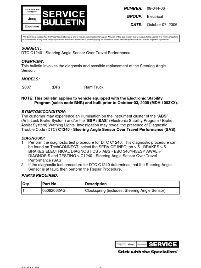 2007 Dodge Ram DTC C1240 Steering Angle Sensor Over Travel