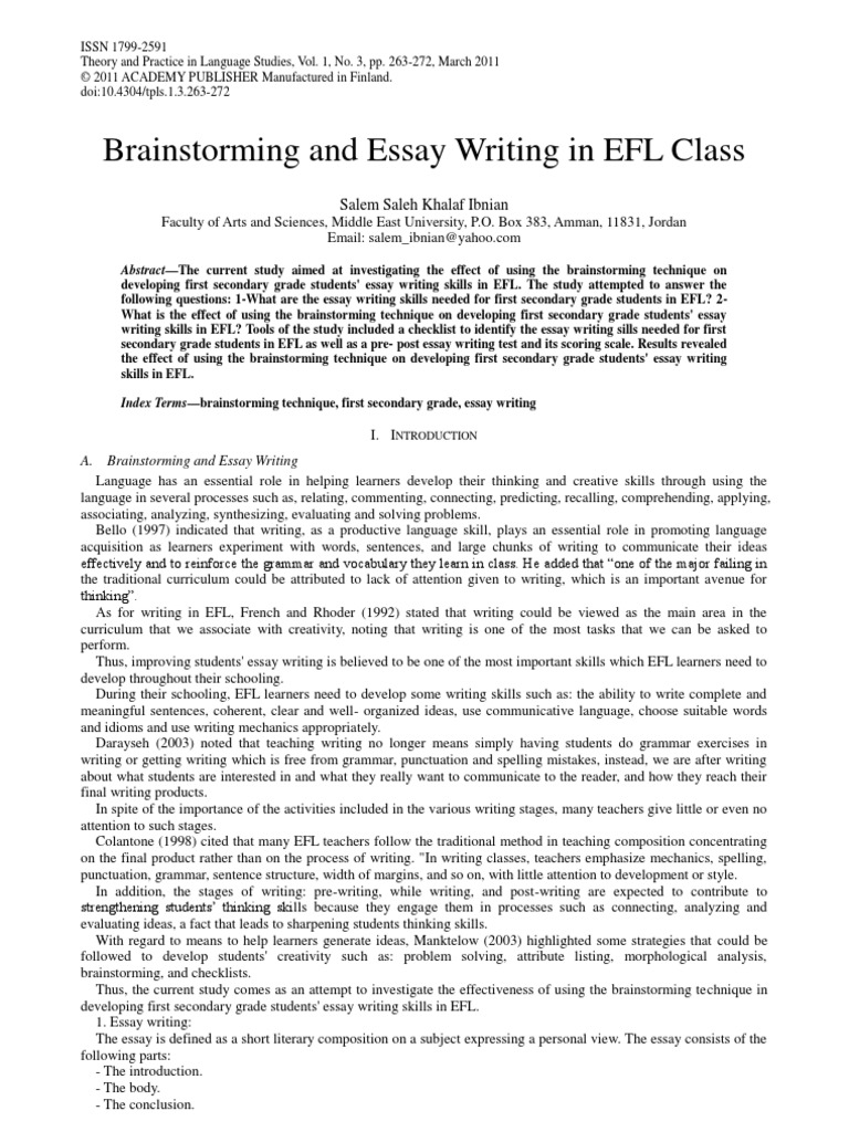 Brainstorming and Essay Writing in EFL Class | PDF | English As A ...