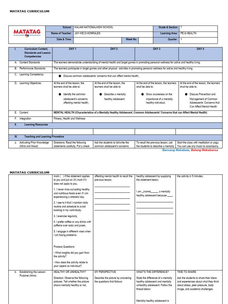 Mental Health Curriculum for Grade 7 | PDF | Mental Health | Adolescence