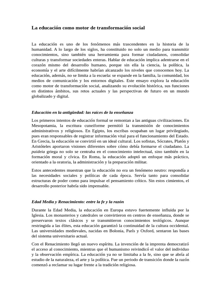 La Educación Como Motor de Transformación Social | PDF | Enseñando ...