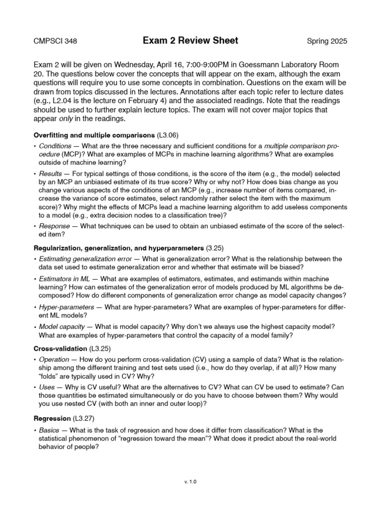 CMPSCI 348 Exam 2 Review Guide | PDF | Regression Analysis | Cross ...