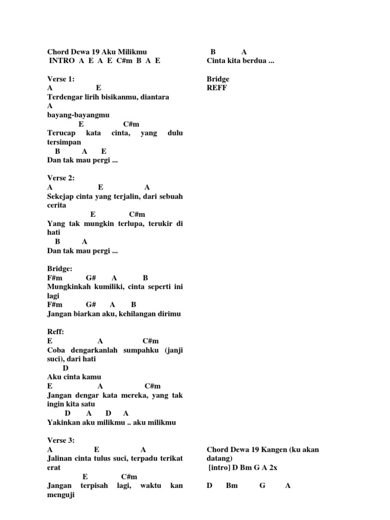 Chord Dewa 19 Aku Milikmu