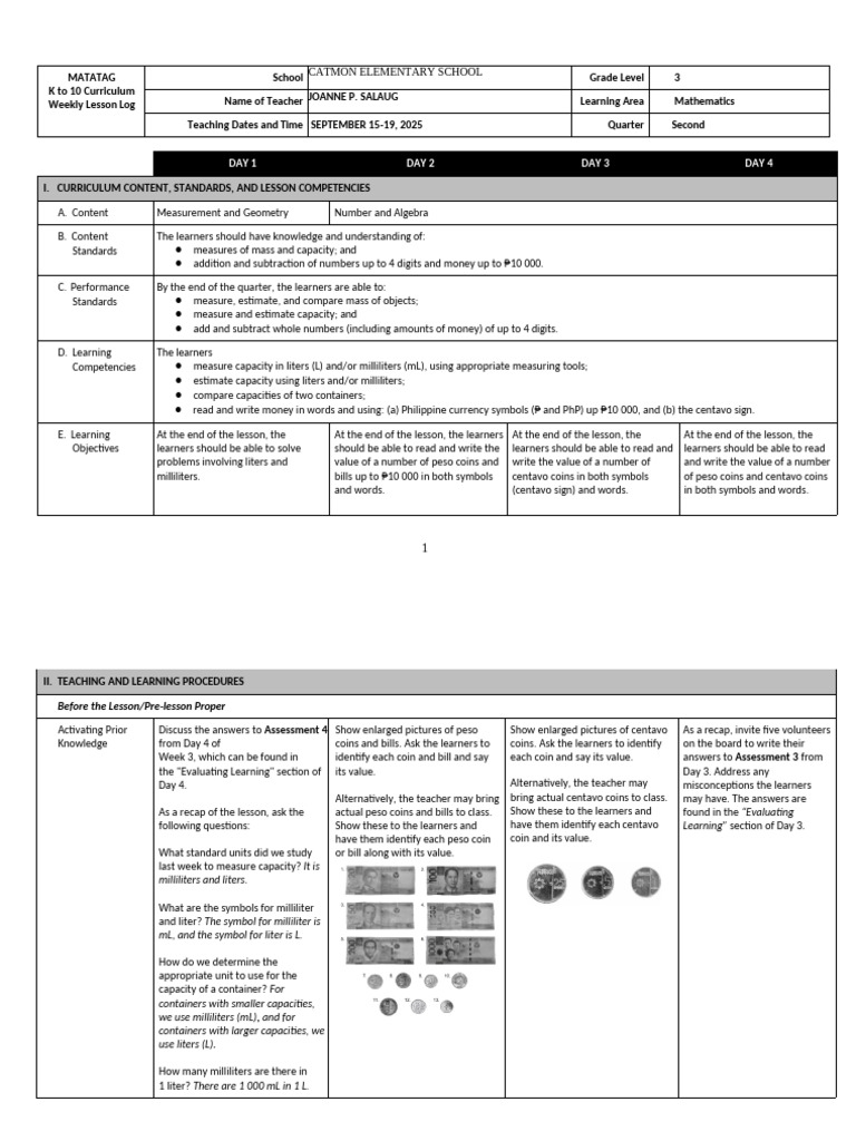 Grade 3 Math Week 4 Lesson Plan | PDF | Educational Assessment | Currency