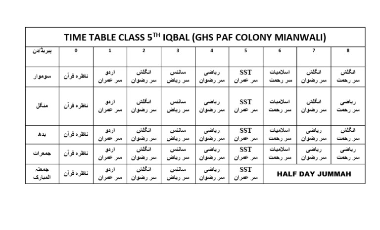 Time Table Class 5 Iqbal (Ghs Paf Colony Mianwali) : Half Day Jummah | PDF