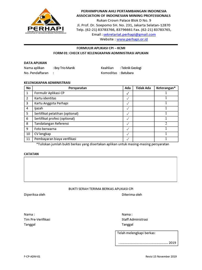 Formulir Aplikasi CPI KCMI PERHAPI | PDF