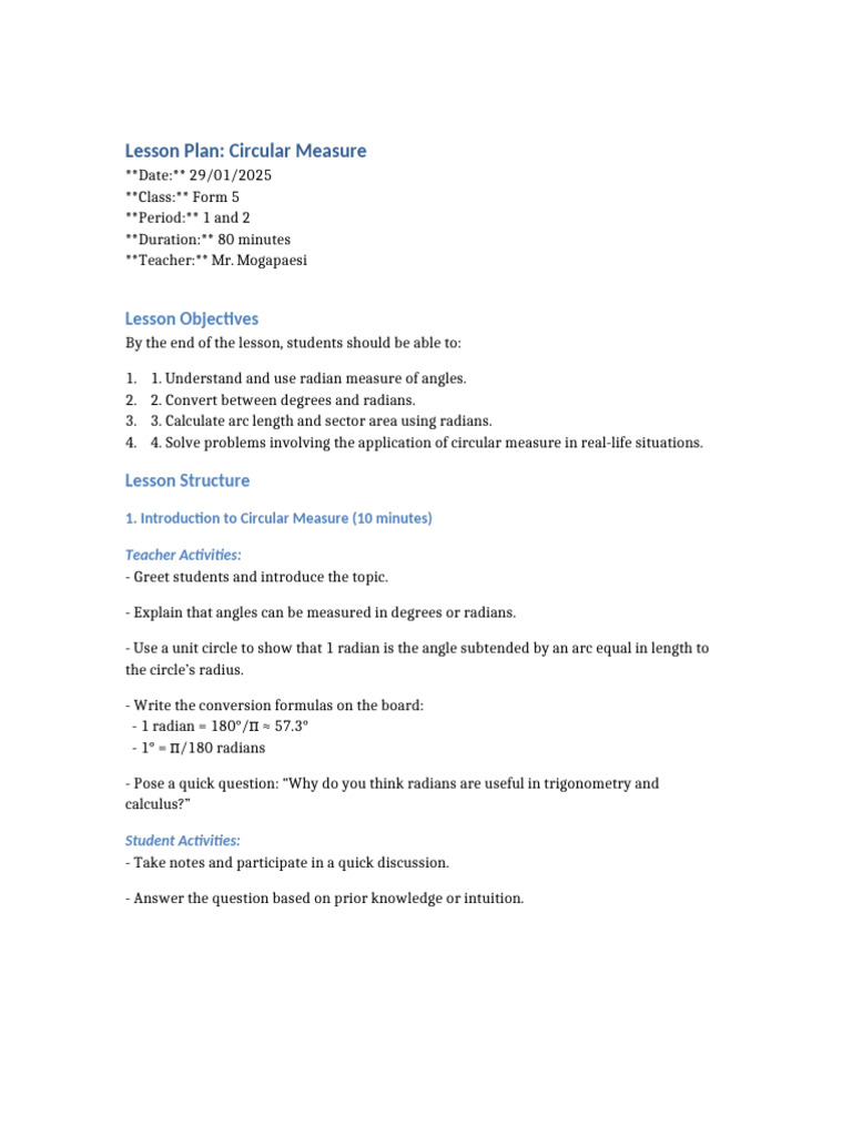 Circular Measure Lesson Plan for Form 5 | PDF | Circle | Angle