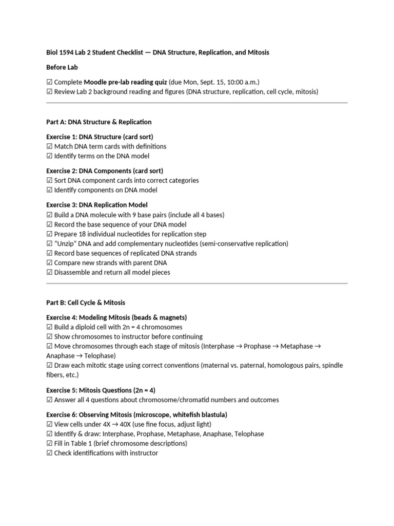 DNA Structure and Mitosis Lab Checklist | PDF | Mitosis | Chromosome