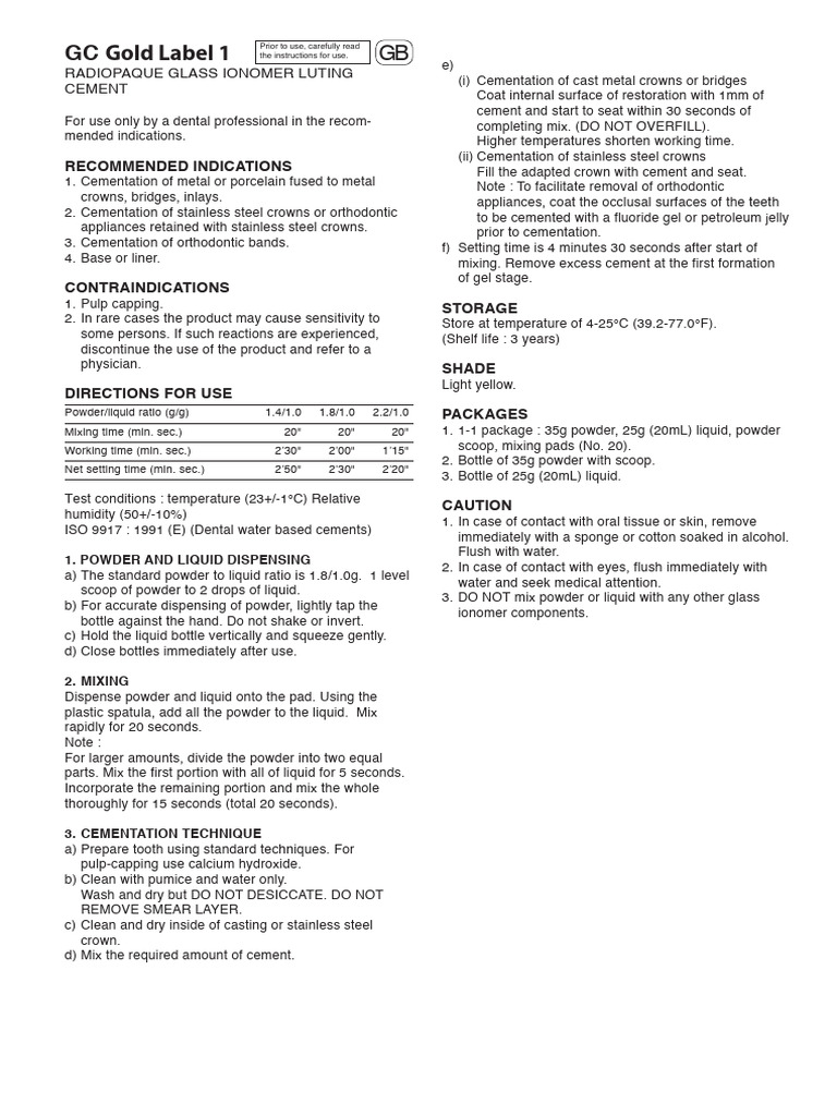 GC Gold Label 1 Ifu | PDF | Orthodontics | Dentistry Branches
