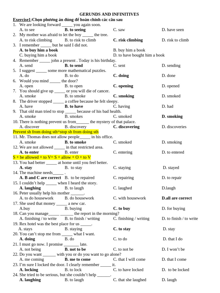 Gerunds and Infinitives Exercises | PDF