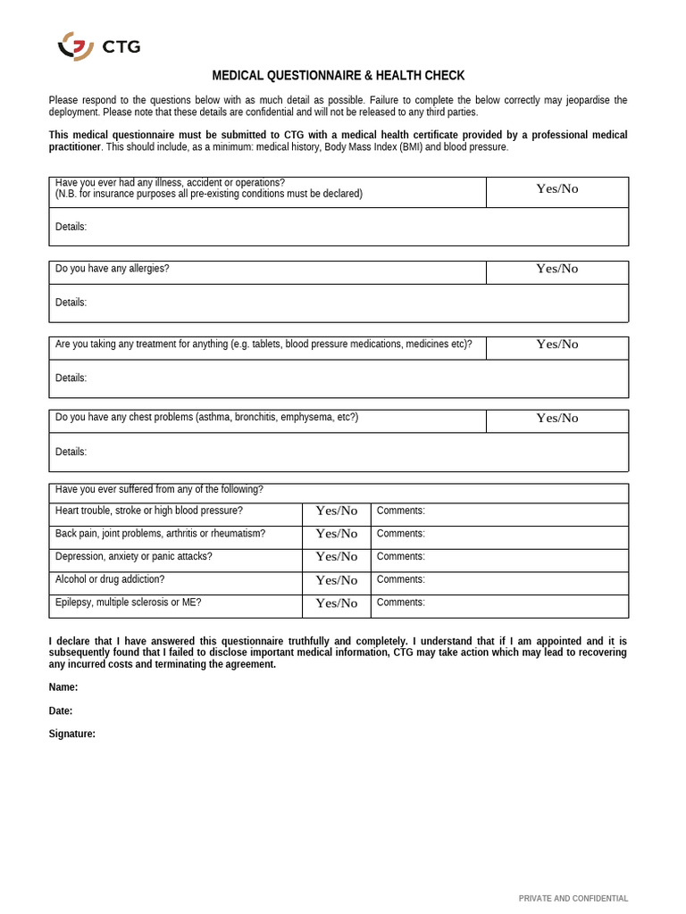 Medical Questionnaire | PDF