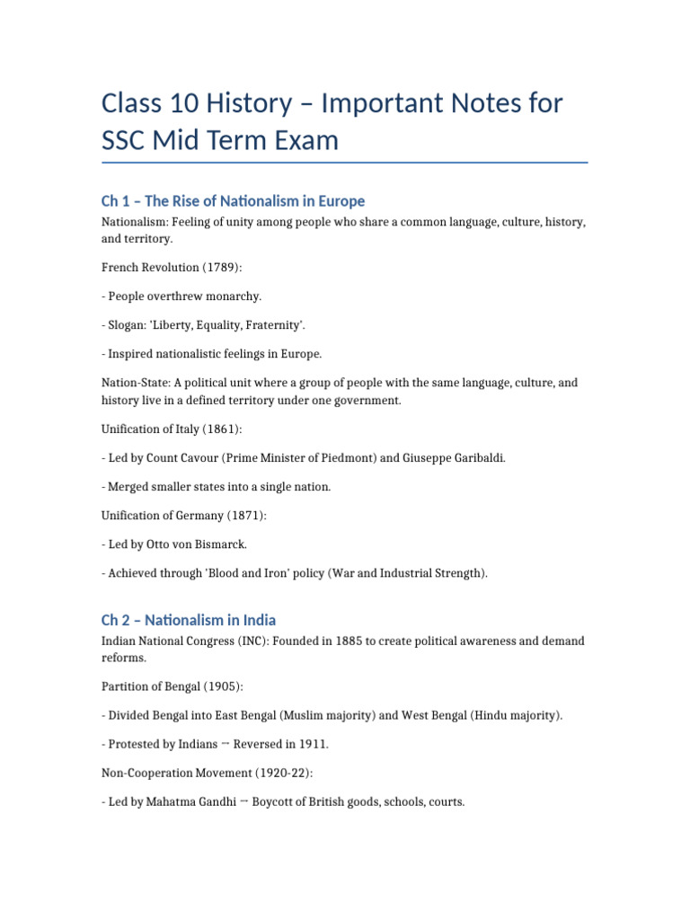 Class 10 History Exam Notes | PDF