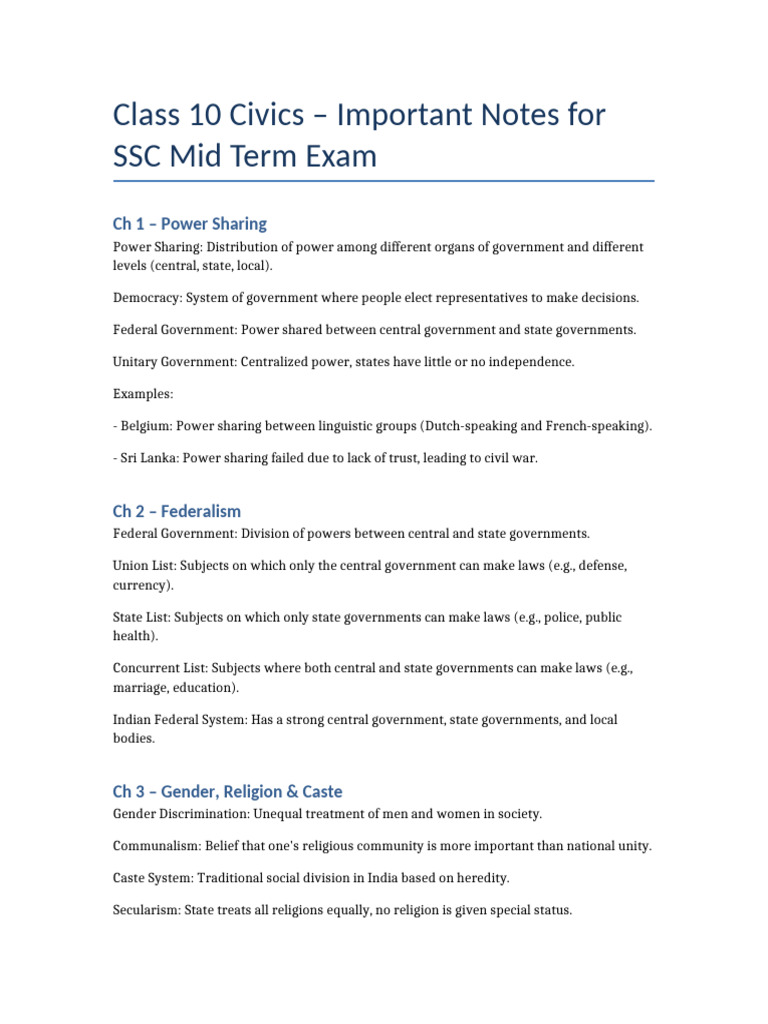 Class 10 Civics Exam Notes | PDF
