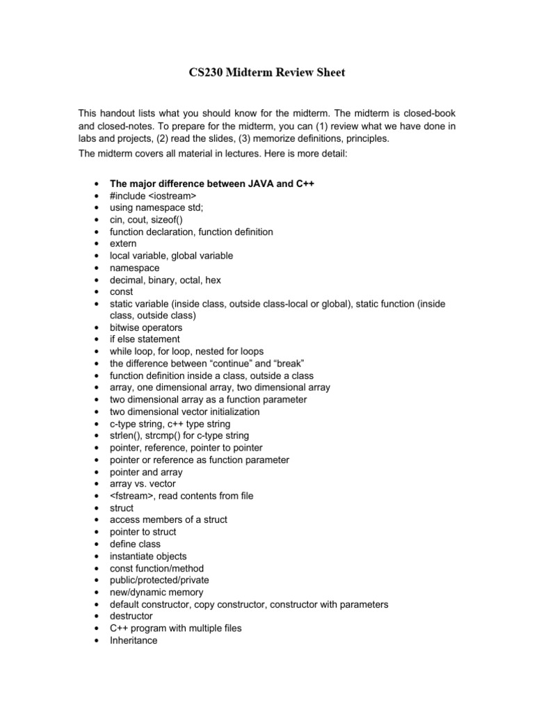 CS230 Midterm Review Guide | PDF | Pointer (Computer Programming ...