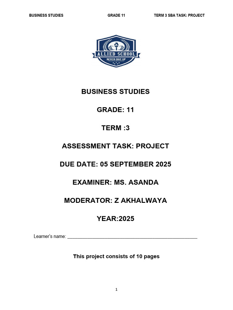 Grade 11 Term 3 Business Project 2025 | PDF | Learning | Behavior ...