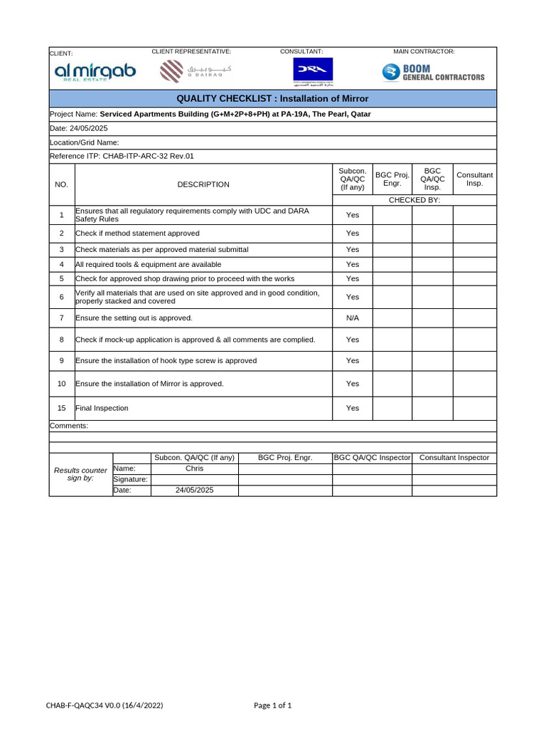 Mirror Installation Quality Checklist | PDF
