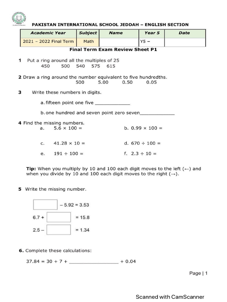 Maths Final Exam Review Sheet (2021-22) | PDF