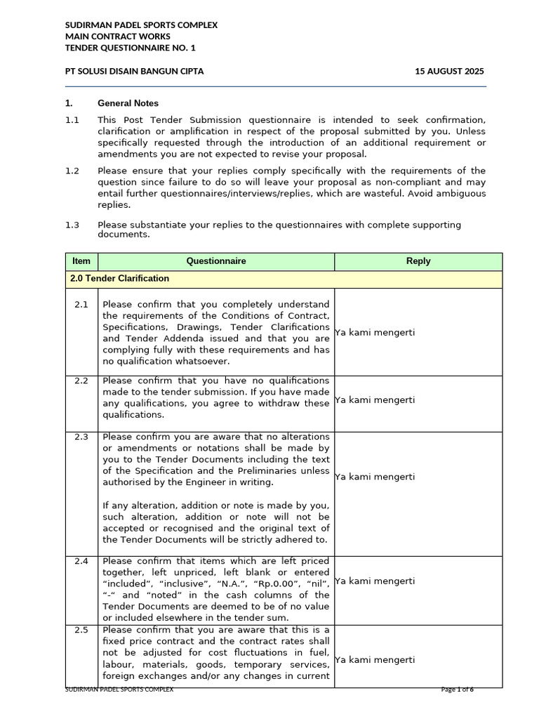 Sudirman Padel Sports Complex Tender Questionnaire | PDF | Materials ...