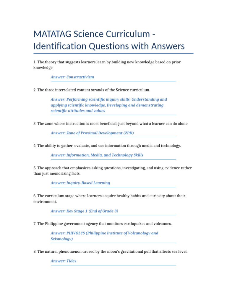 MATATAG Science Identification Questions | PDF | Earth | Science
