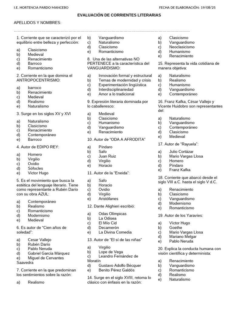 Evaluación de Corrientes Literarias | PDF | Vanguardia | Clasicismo