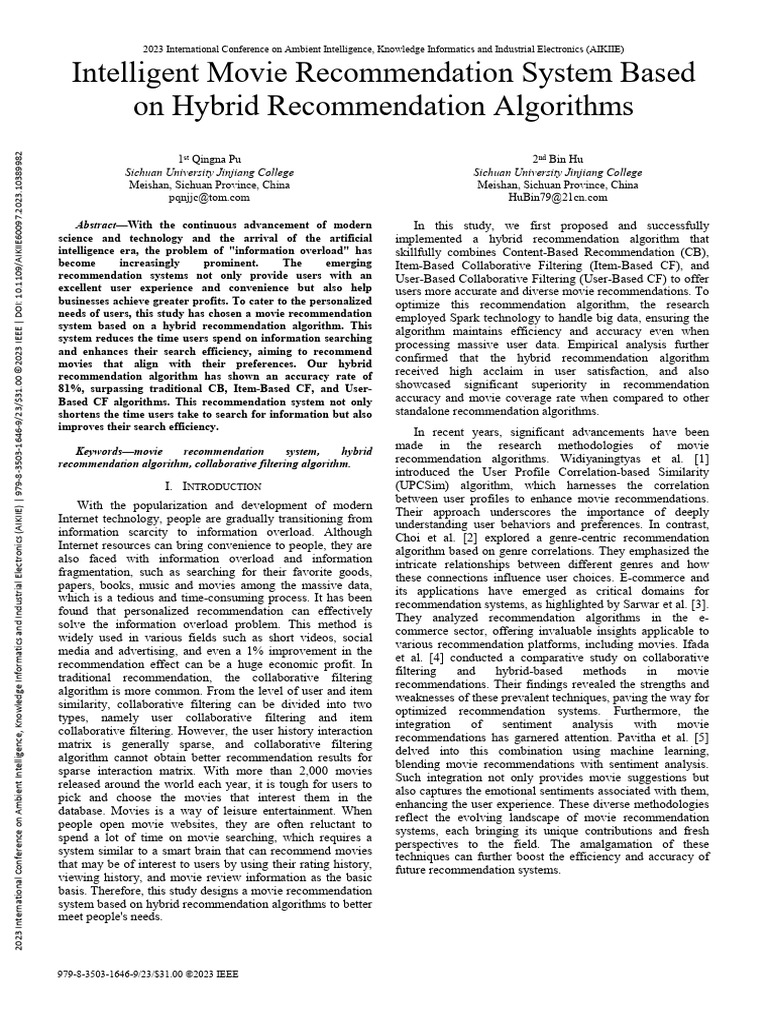Hybrid Movie Recommendation System | PDF | Databases | Computing