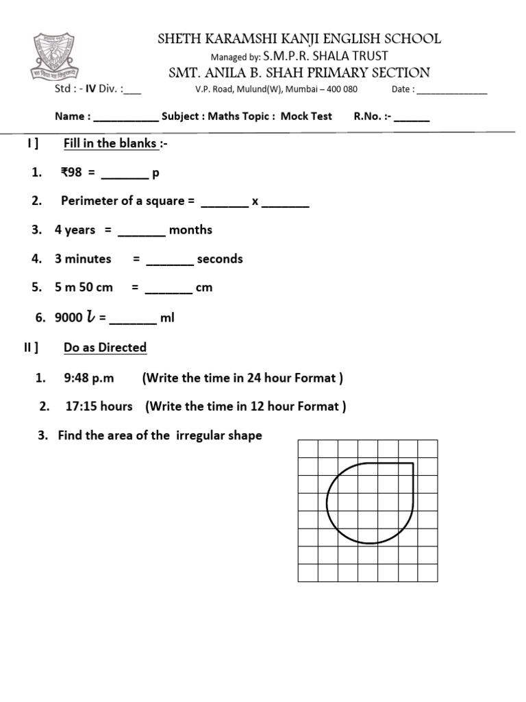 Class 4 Maths Mock Test Worksheet | PDF