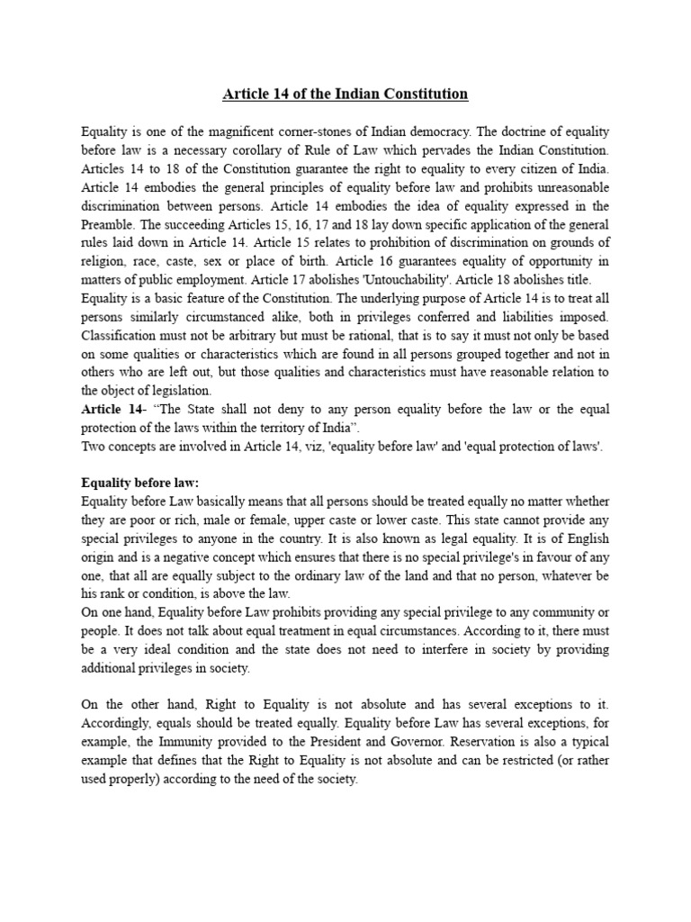 Understanding Article 14: Right to Equality | PDF | Rule Of Law | Equal ...