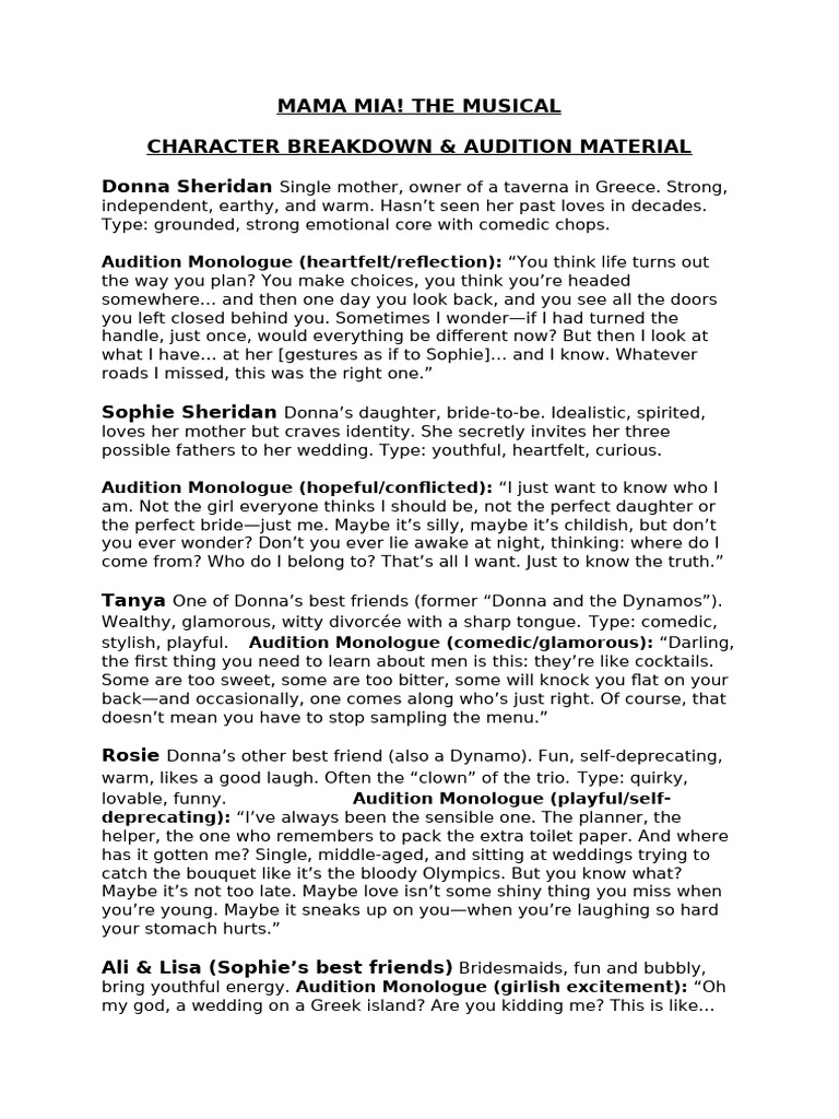 Mamma Mia! Character Breakdown Guide | PDF