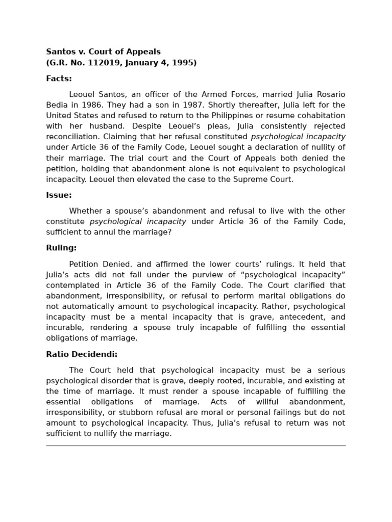Santos v. CA: Psychological Incapacity Defined | PDF | Jurisprudence ...