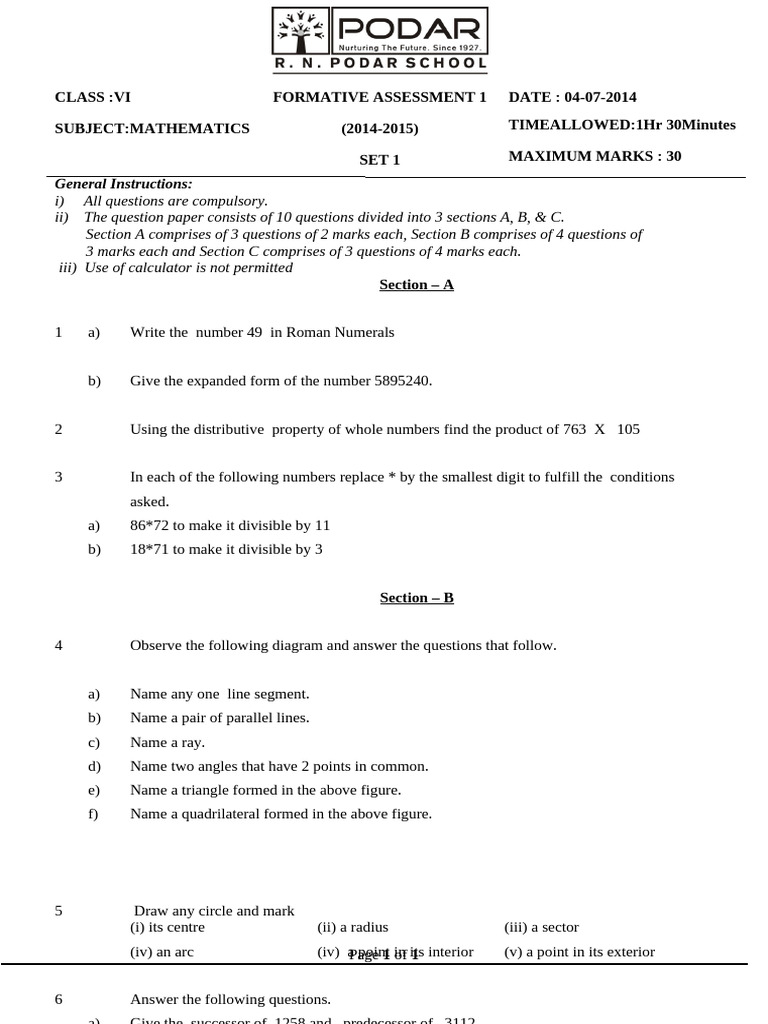6th Class Mathematics Exam Paper | PDF